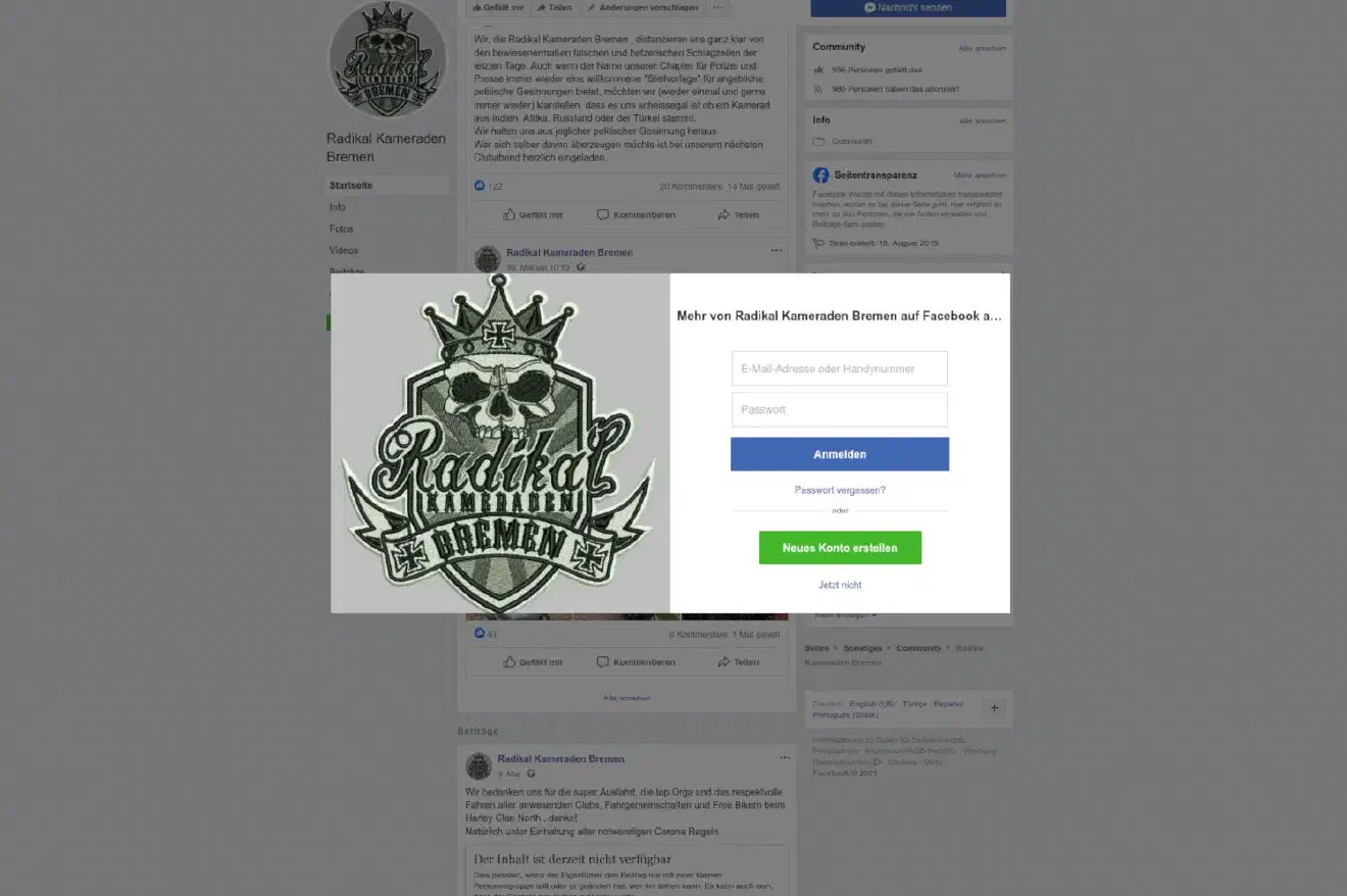 Die "Radikal Kameraden Bremen" sind, obgleich sie sich bisher mit offenen politischen Statemens weitestgehend zurückgehalten haben, ein Motorradclub mit Verbindungen in die extrem rechte Szene - wie nicht zuletzt das nun von der Polizei aufgelöste Treffen zeigt.
