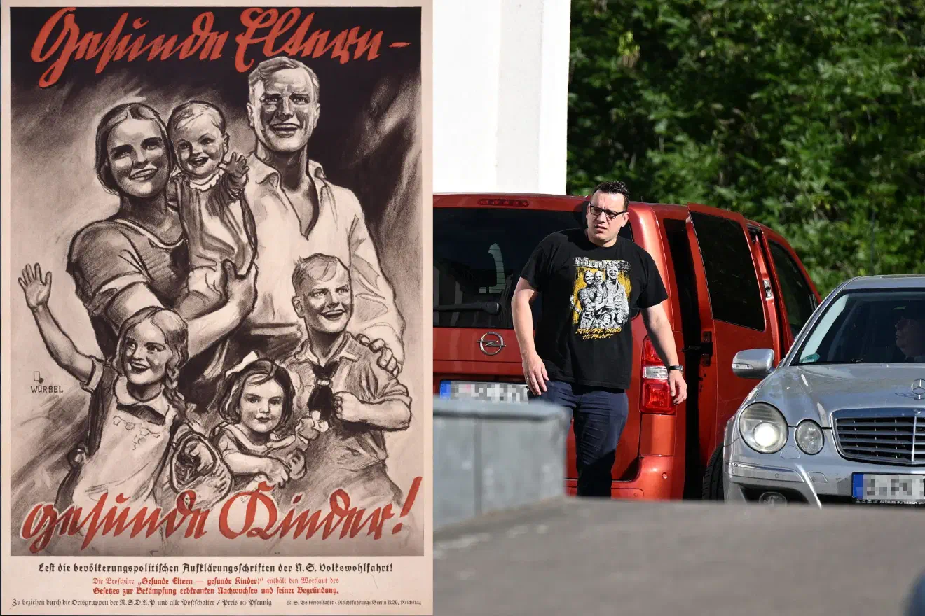 Der T-Shirt-Aufdruck bezieht sich auf ein NS-Propagandabild von 1933. Das Plakat forderte auf: "Lest die bevölkerungspolitischen Aufklärungsschriften der N.S. Volkswohlfahrt!" und propagiert mit der Präsentation einer strahlenden, gesunden deutschen Idealfamilie mit vier Kindern das "Gesetz zur Verhütung erbkranken Nachwuchses" vom 14.07.1933. Das Gesetz legte fest, daß erbkranke Menschen, auch gegen ihren Willen, sterilisiert werden konnten. 