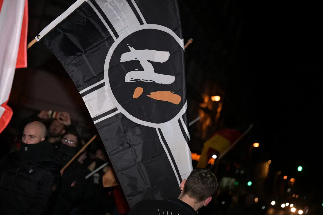 Im Demonstrationszug wurden auch Flaggen mitgeführt, die eine Abwandlung der Reichskriegsflagge darstellten und in der Mitte das "H" aus dem Logo der Partei "Die Heimat" zeigten.